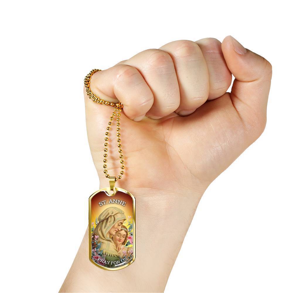 St. Anne Catholic Necklace Stainless Steel or 18k Gold Dog Tag 24" Chain-Express Your Love Gifts