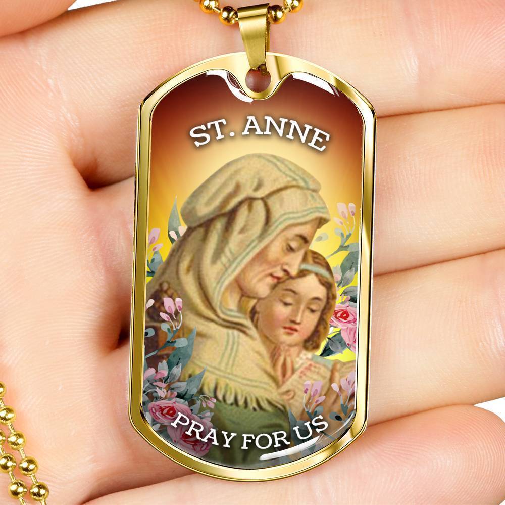 St. Anne Catholic Necklace Stainless Steel or 18k Gold Dog Tag 24" Chain-Express Your Love Gifts