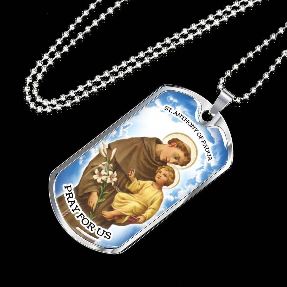 St. Anthony Catholic Necklace Stainless Steel or 18k Gold Dog Tag 24" Chain-Express Your Love Gifts