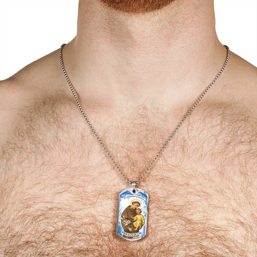 St. Anthony Catholic Necklace Stainless Steel or 18k Gold Dog Tag 24" Chain-Express Your Love Gifts