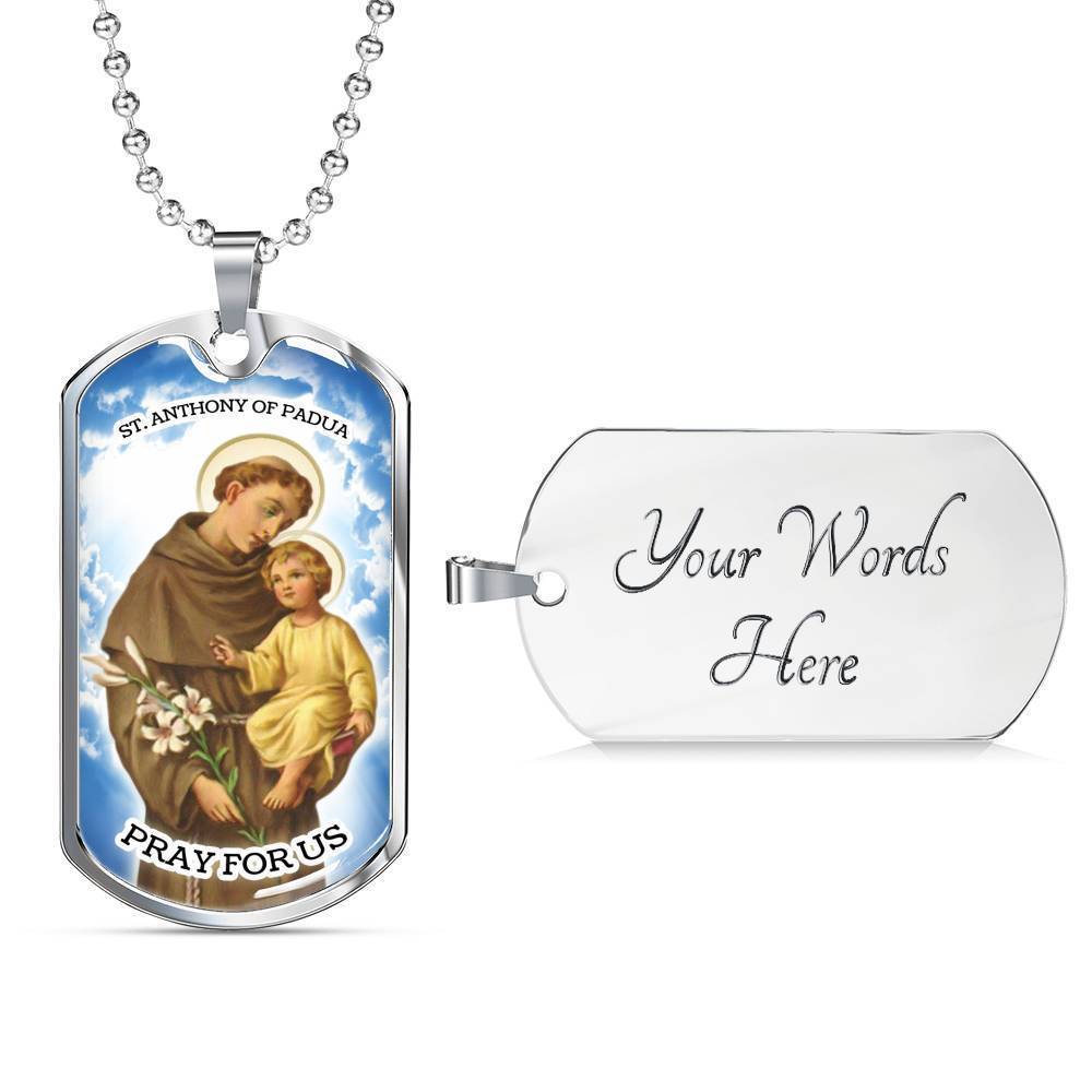 St. Anthony Catholic Necklace Stainless Steel or 18k Gold Dog Tag 24" Chain-Express Your Love Gifts