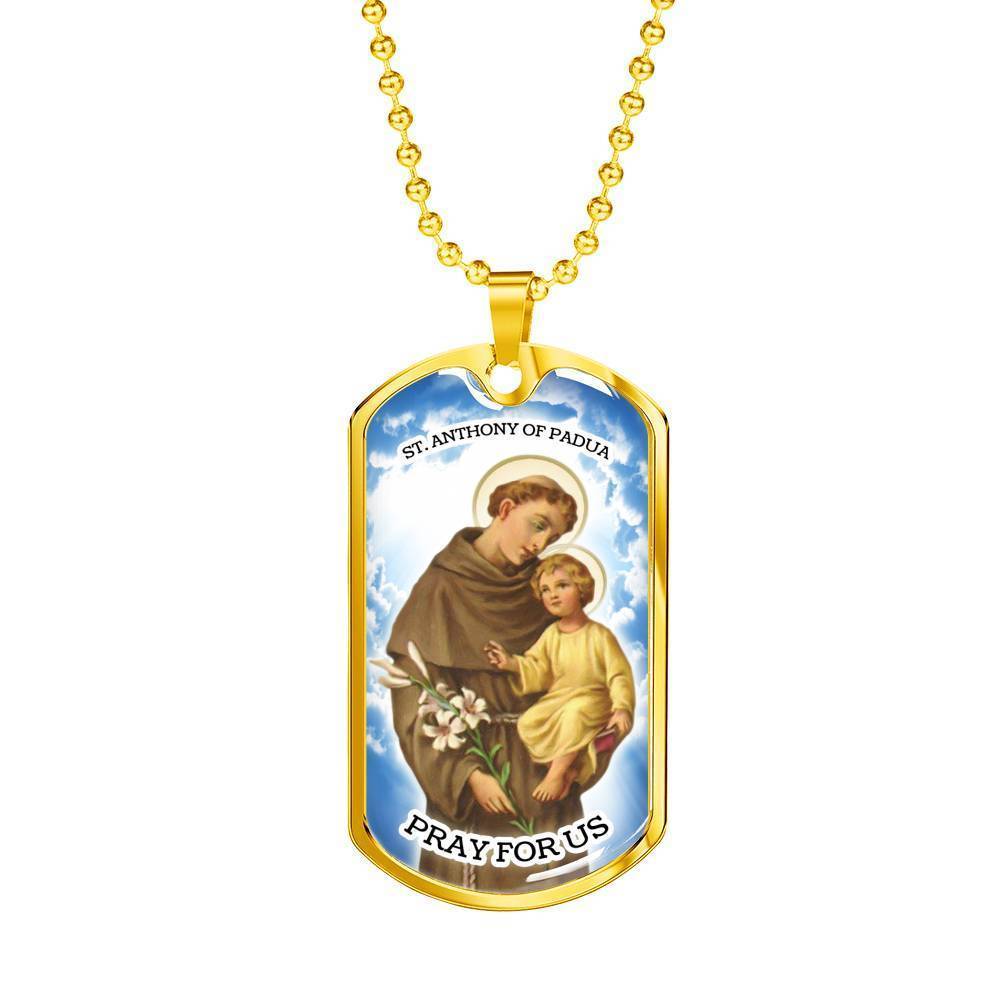 St. Anthony Catholic Necklace Stainless Steel or 18k Gold Dog Tag 24" Chain-Express Your Love Gifts