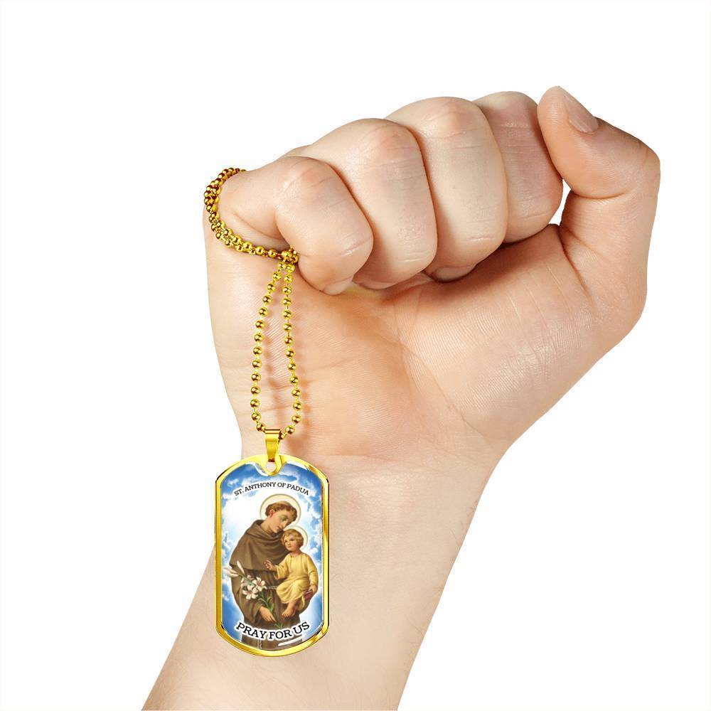 St. Anthony Catholic Necklace Stainless Steel or 18k Gold Dog Tag 24" Chain-Express Your Love Gifts