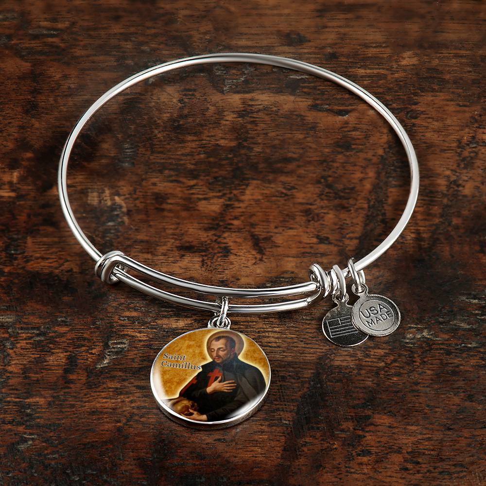 St. Camillus Catholic Saint Circle Pendant Bangle Stainless Steel or 18k Gold 18-22"-Express Your Love Gifts
