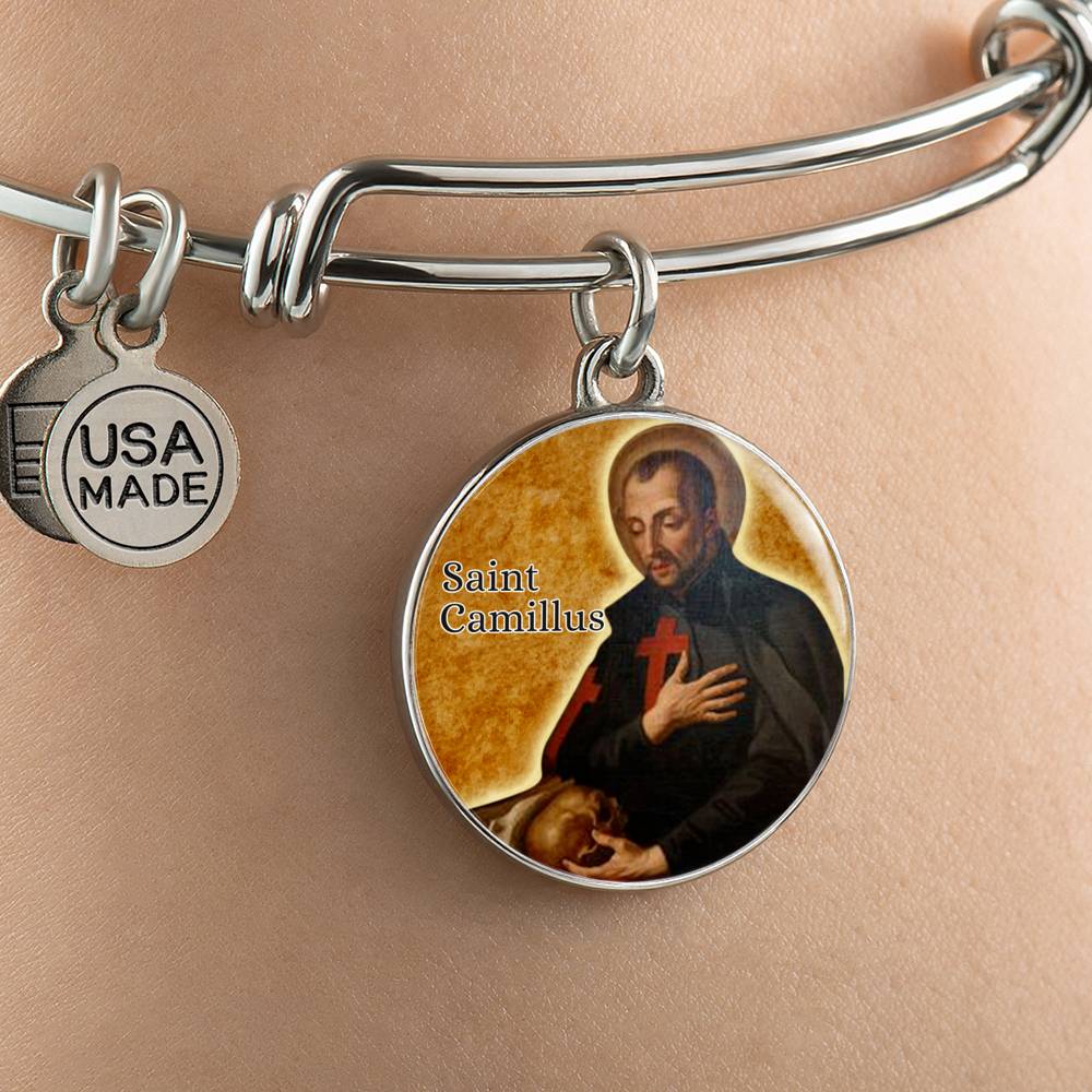St. Camillus Catholic Saint Circle Pendant Bangle Stainless Steel or 18k Gold 18-22"-Express Your Love Gifts