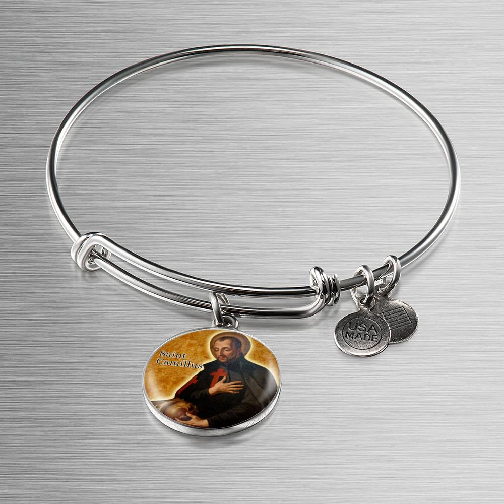 St. Camillus Catholic Saint Circle Pendant Bangle Stainless Steel or 18k Gold 18-22"-Express Your Love Gifts