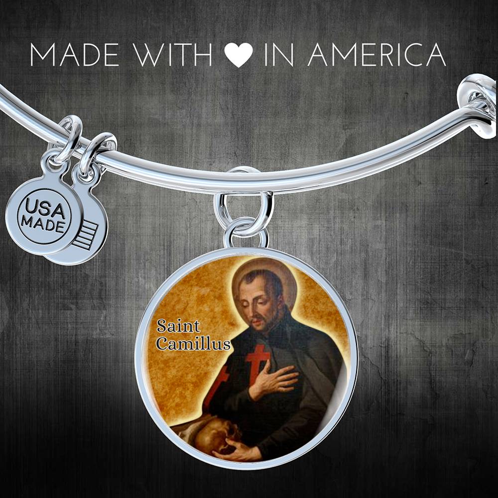 St. Camillus Catholic Saint Circle Pendant Bangle Stainless Steel or 18k Gold 18-22"-Express Your Love Gifts