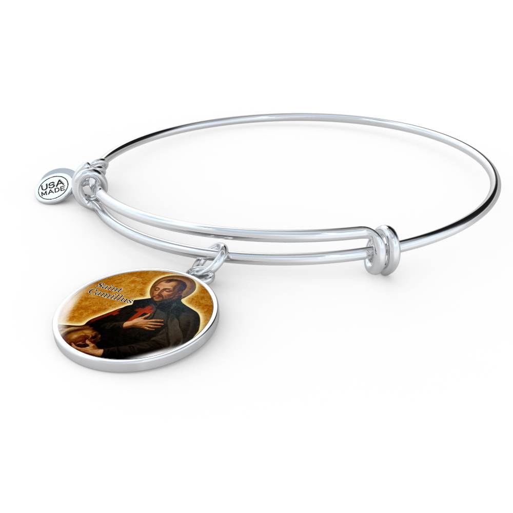 St. Camillus Catholic Saint Circle Pendant Bangle Stainless Steel or 18k Gold 18-22"-Express Your Love Gifts