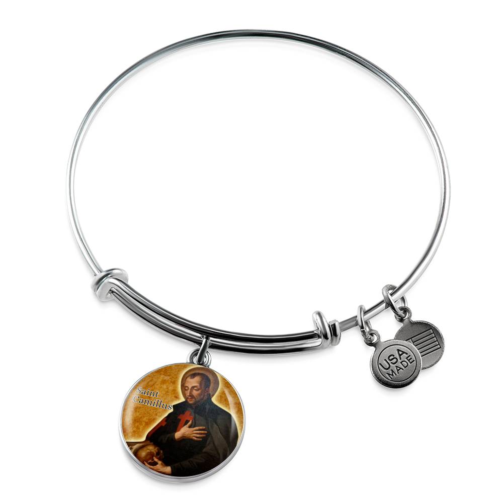 St. Camillus Catholic Saint Circle Pendant Bangle Stainless Steel or 18k Gold 18-22"-Express Your Love Gifts
