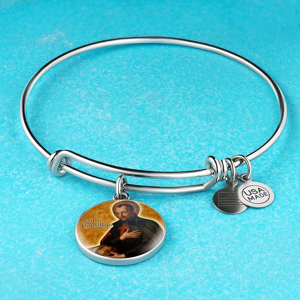 St. Camillus Catholic Saint Circle Pendant Bangle Stainless Steel or 18k Gold 18-22"-Express Your Love Gifts