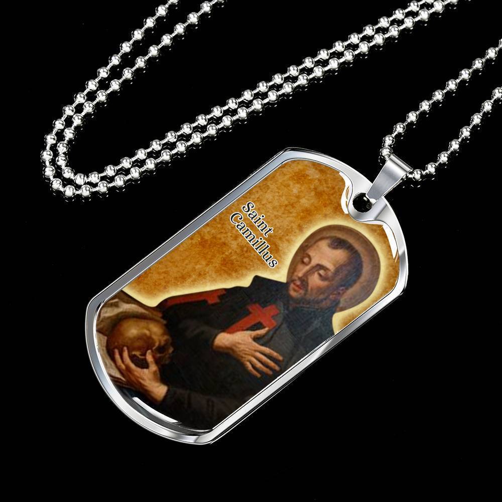 St. Camillus Catholic Saint Stainless Steel or 18k Gold Dog Tag Necklace 24" Chain-Express Your Love Gifts