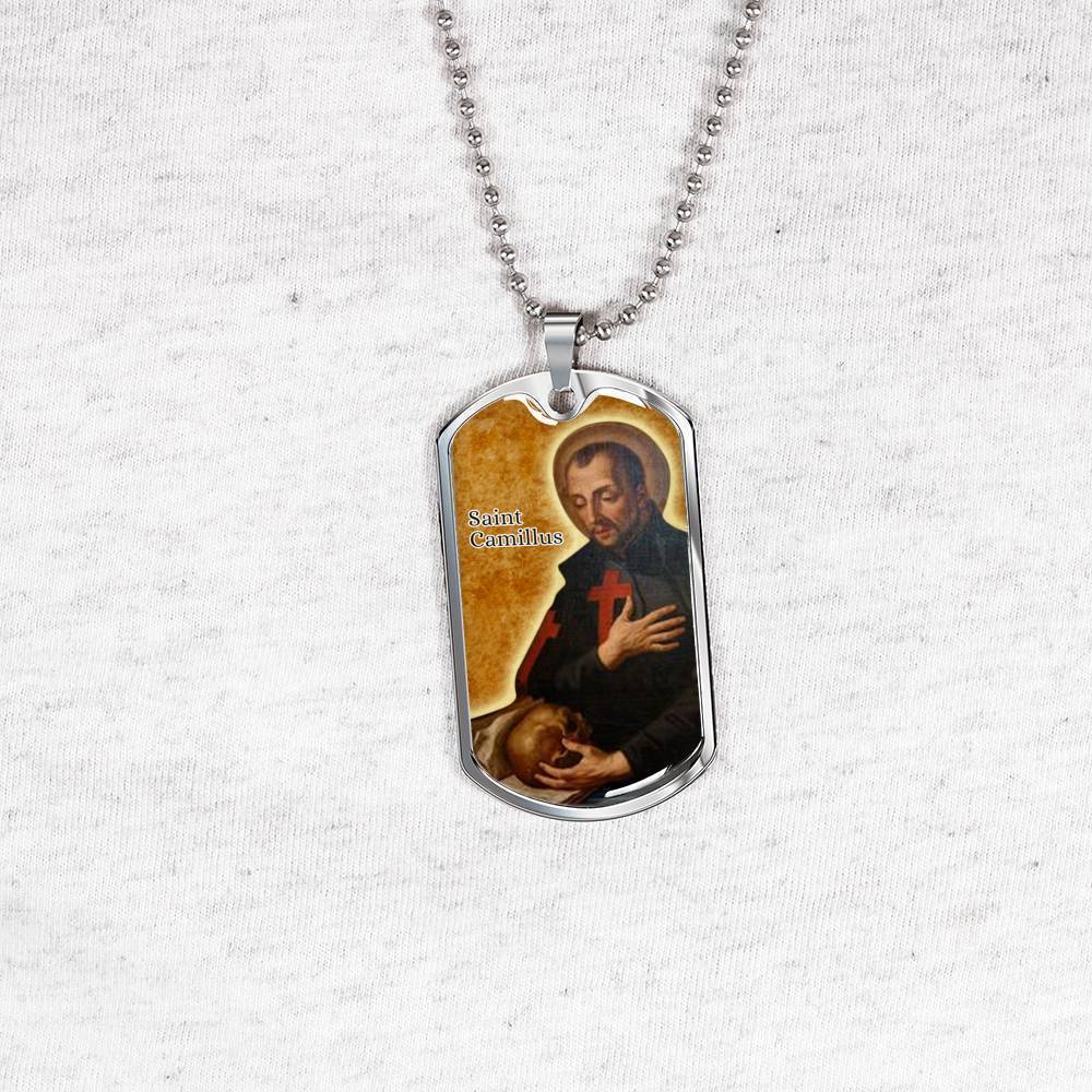 St. Camillus Catholic Saint Stainless Steel or 18k Gold Dog Tag Necklace 24" Chain-Express Your Love Gifts
