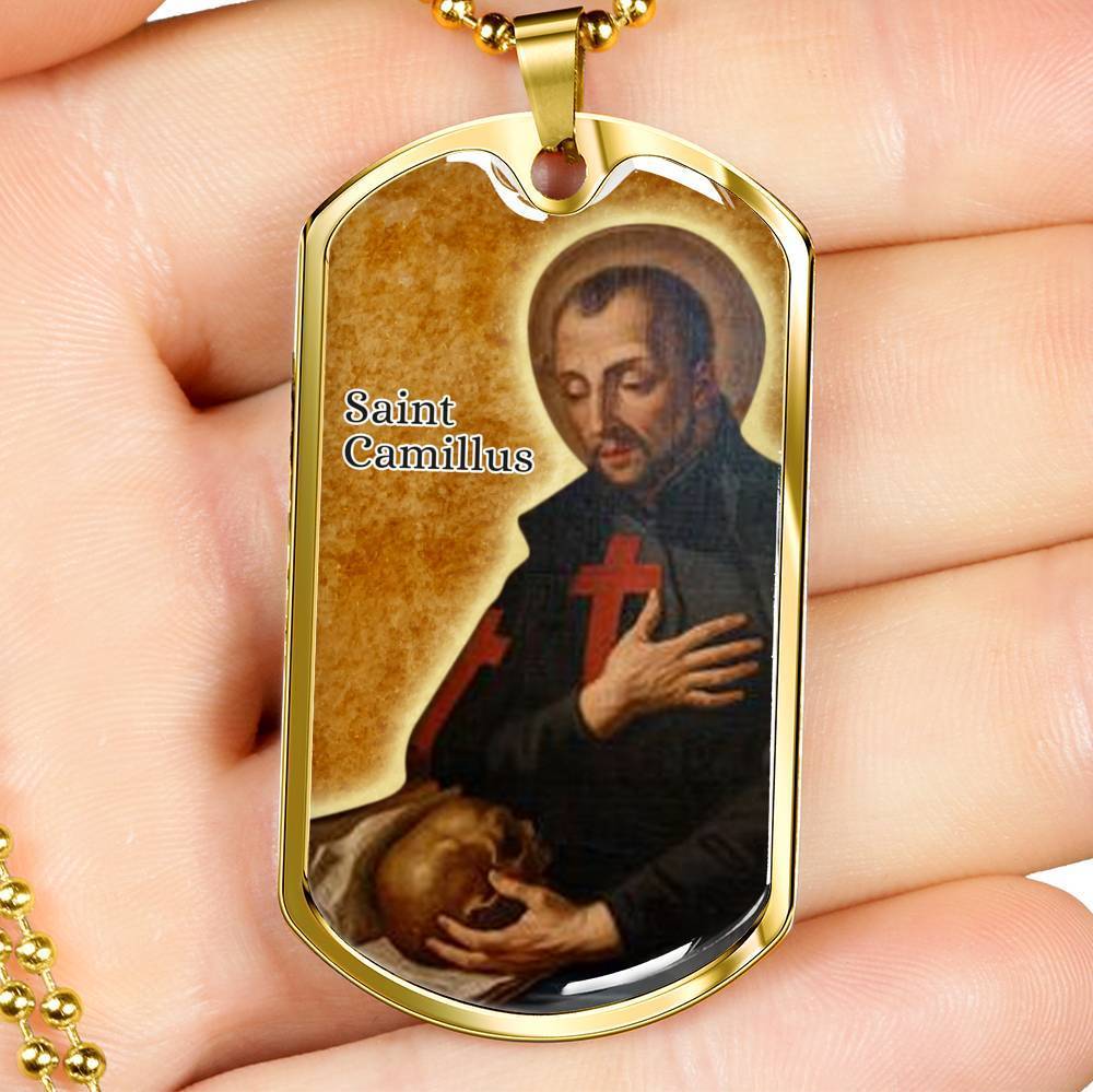 St. Camillus Catholic Saint Stainless Steel or 18k Gold Dog Tag Necklace 24" Chain-Express Your Love Gifts