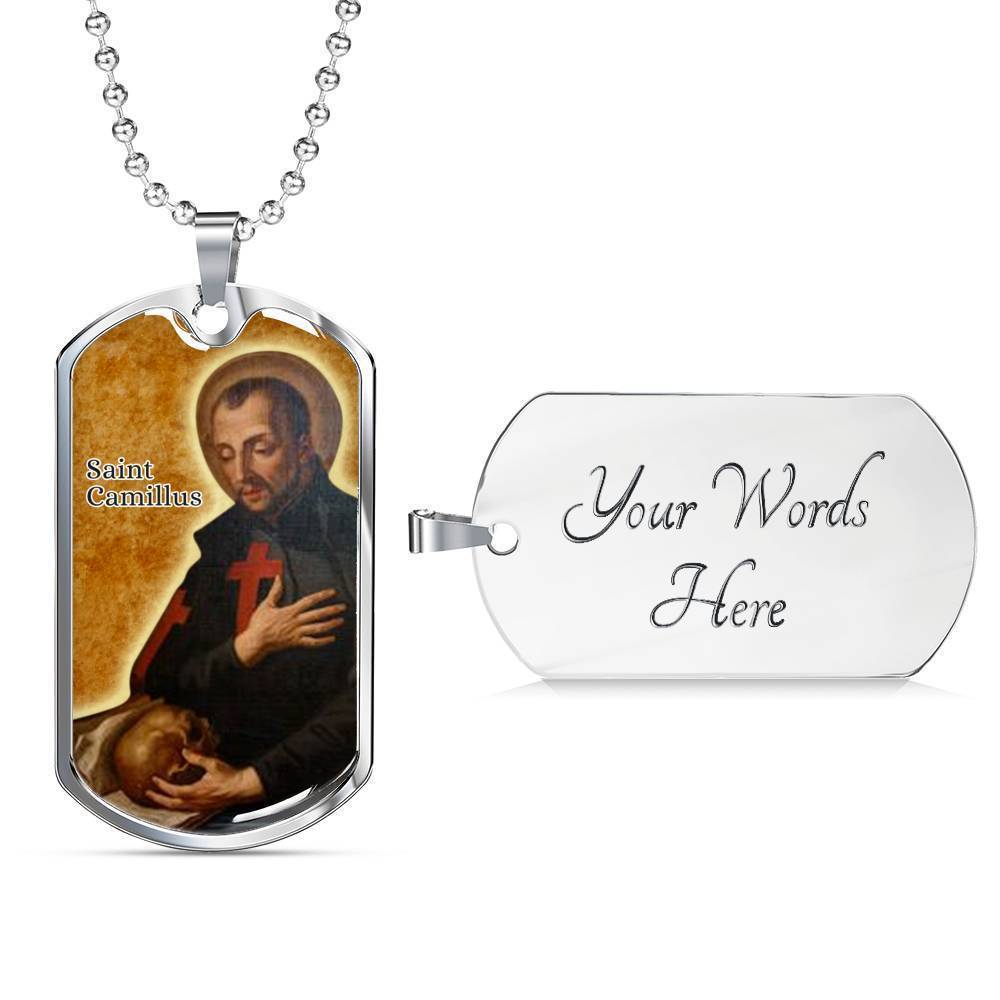 St. Camillus Catholic Saint Stainless Steel or 18k Gold Dog Tag Necklace 24" Chain-Express Your Love Gifts