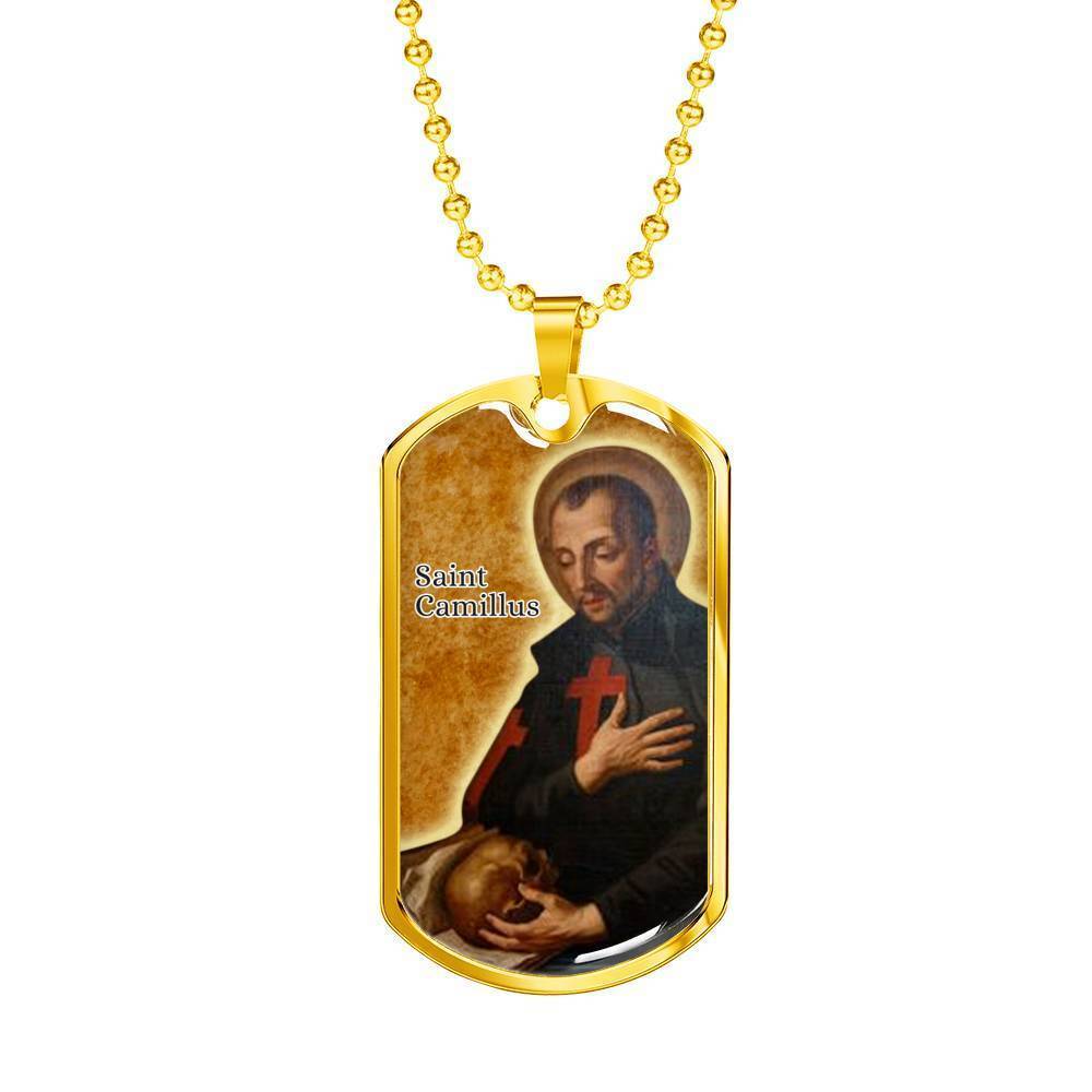 St. Camillus Catholic Saint Stainless Steel or 18k Gold Dog Tag Necklace 24" Chain-Express Your Love Gifts