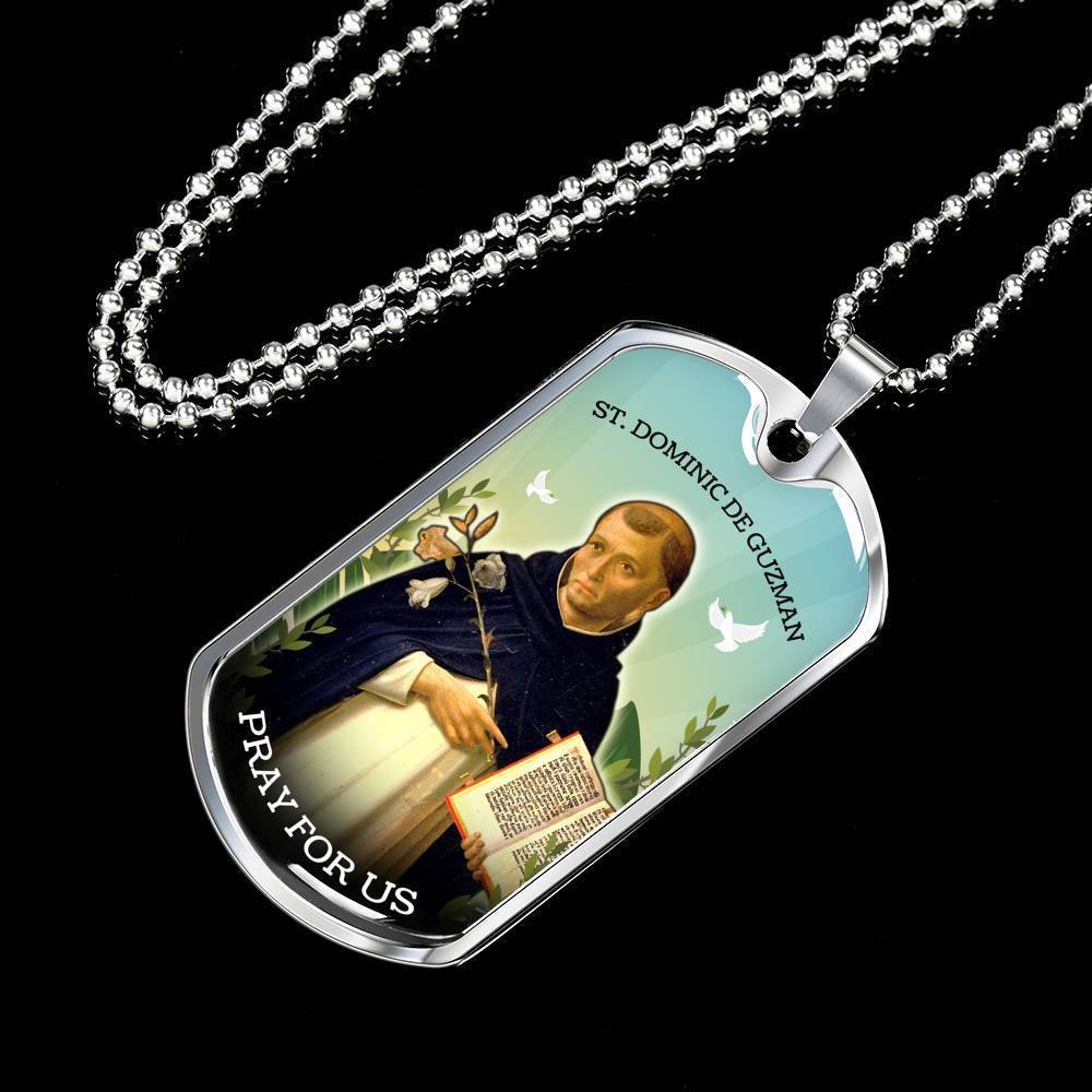 St. Dominic Catholic Necklace Stainless Steel or 18k Gold Dog Tag 24" Chain-Express Your Love Gifts