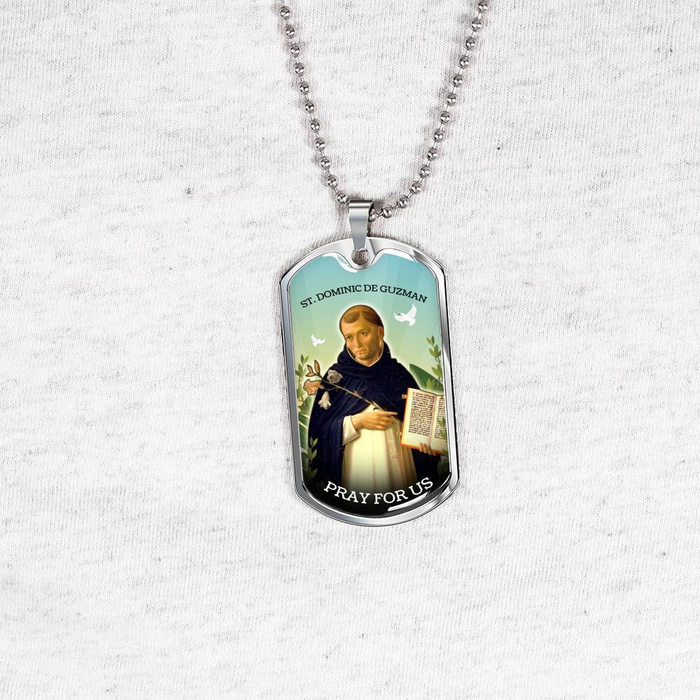 St. Dominic Catholic Necklace Stainless Steel or 18k Gold Dog Tag 24" Chain-Express Your Love Gifts