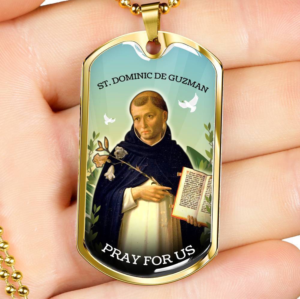 St. Dominic Catholic Necklace Stainless Steel or 18k Gold Dog Tag 24" Chain-Express Your Love Gifts