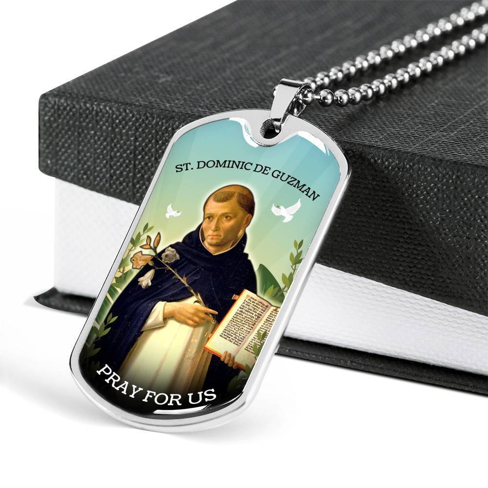 St. Dominic Catholic Necklace Stainless Steel or 18k Gold Dog Tag 24" Chain-Express Your Love Gifts