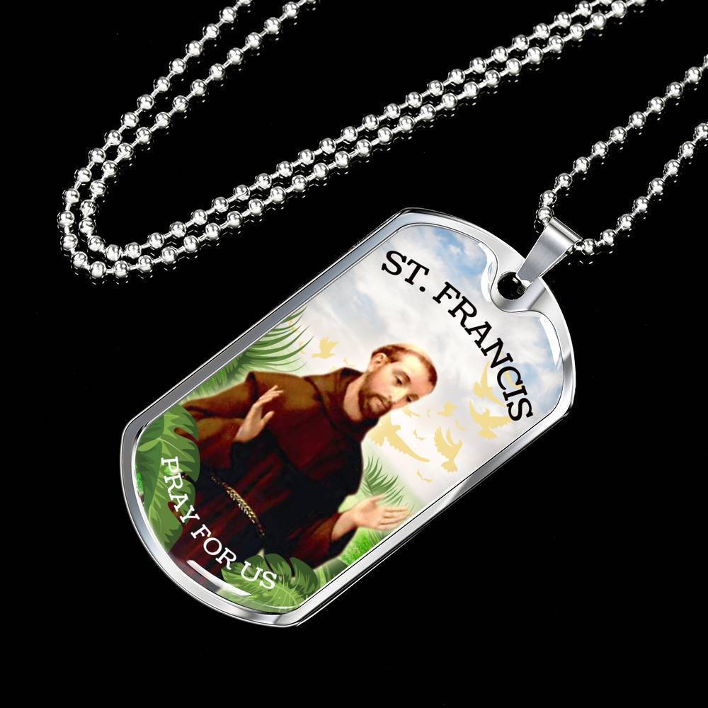 St. Francis Catholic Necklace Stainless Steel or 18k Gold Dog Tag 24" Chain-Express Your Love Gifts