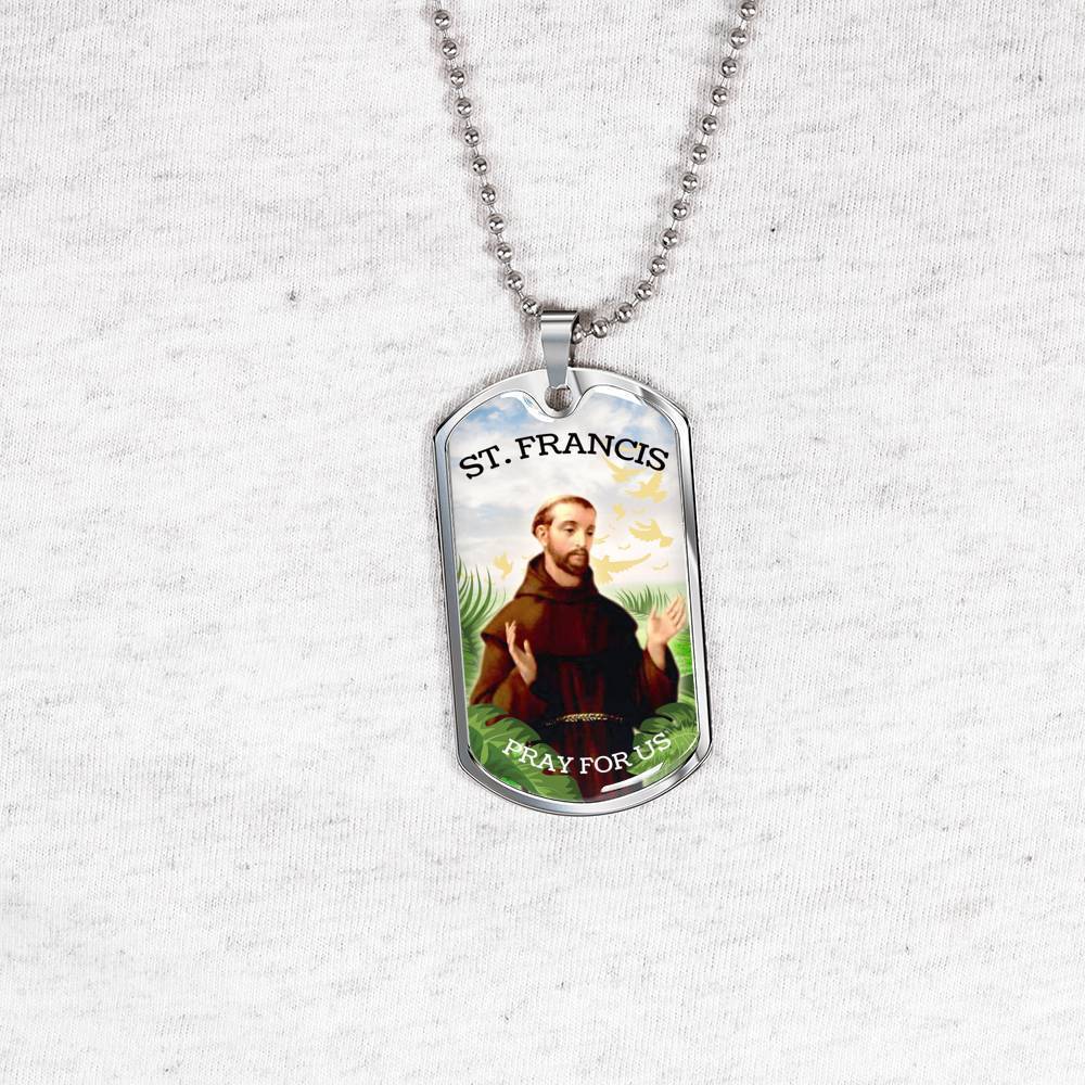 St. Francis Catholic Necklace Stainless Steel or 18k Gold Dog Tag 24" Chain-Express Your Love Gifts