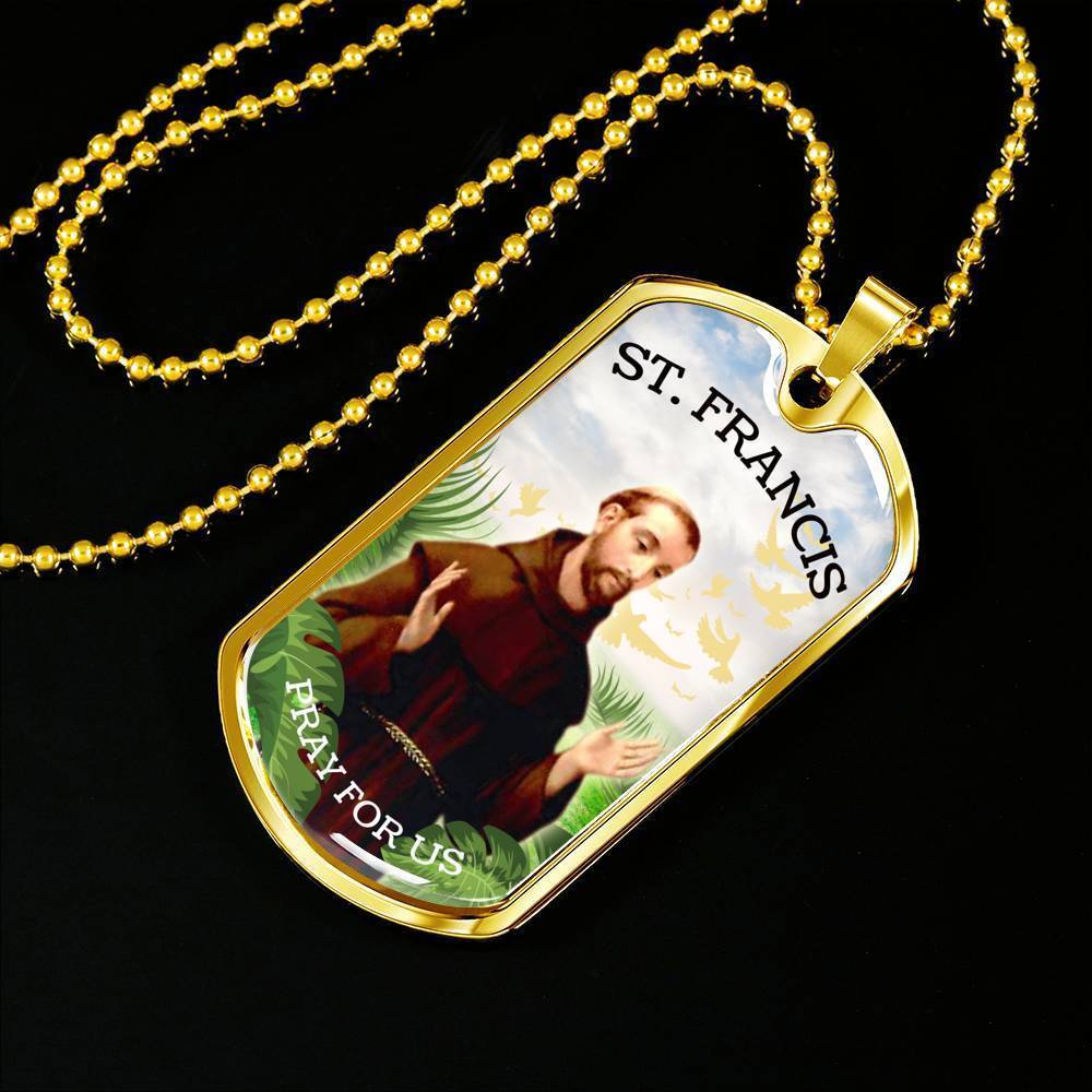 St. Francis Catholic Necklace Stainless Steel or 18k Gold Dog Tag 24" Chain-Express Your Love Gifts