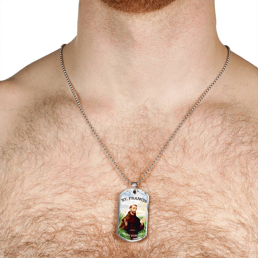 St. Francis Catholic Necklace Stainless Steel or 18k Gold Dog Tag 24" Chain-Express Your Love Gifts