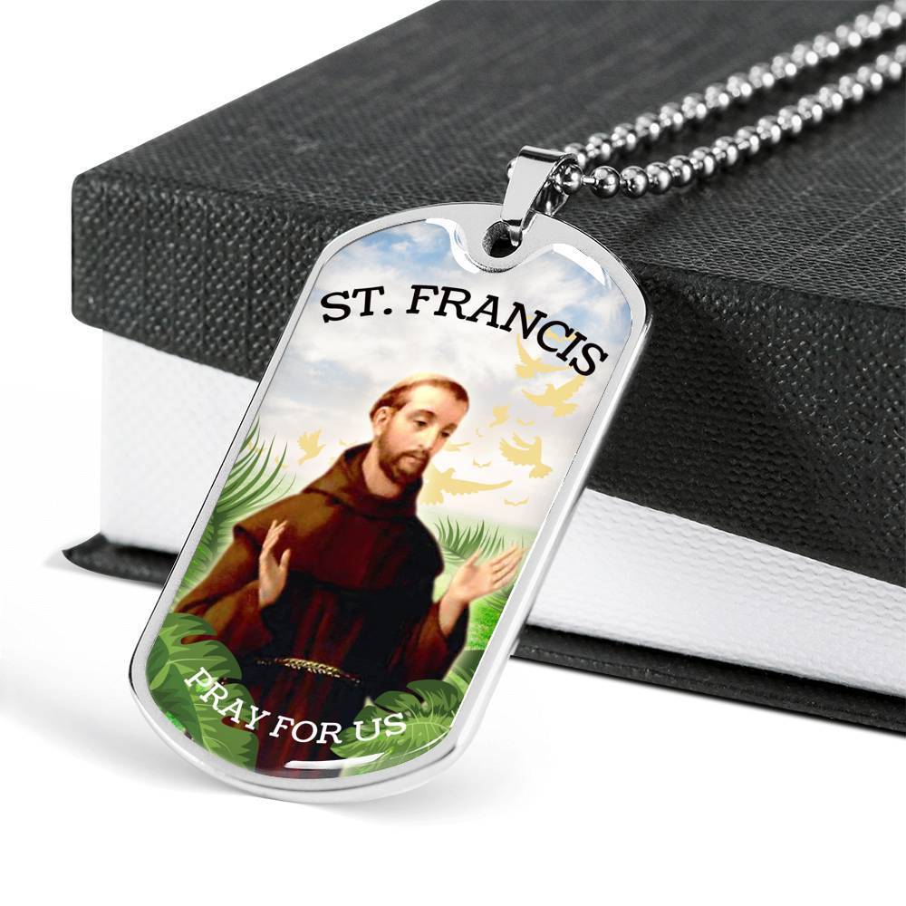 St. Francis Catholic Necklace Stainless Steel or 18k Gold Dog Tag 24" Chain-Express Your Love Gifts