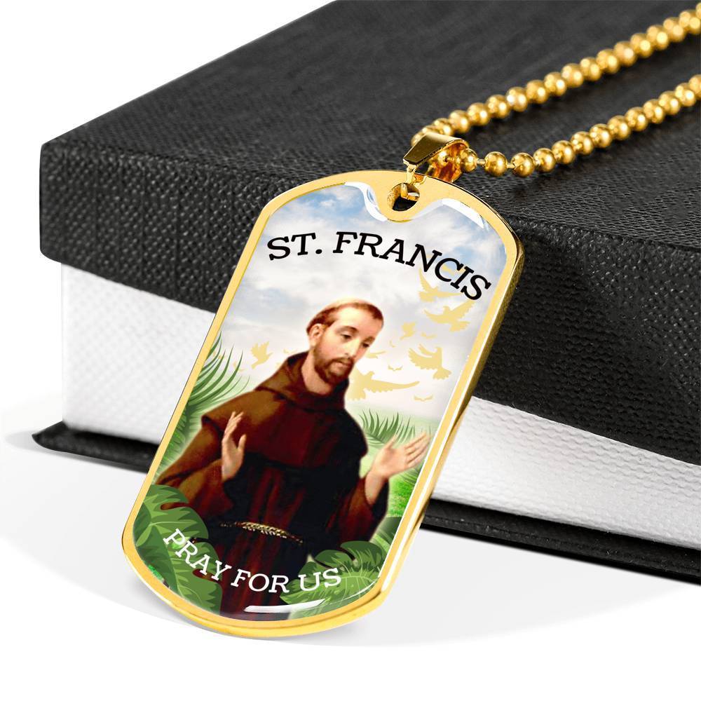 St. Francis Catholic Necklace Stainless Steel or 18k Gold Dog Tag 24" Chain-Express Your Love Gifts