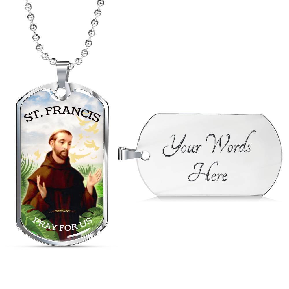 St. Francis Catholic Necklace Stainless Steel or 18k Gold Dog Tag 24" Chain-Express Your Love Gifts