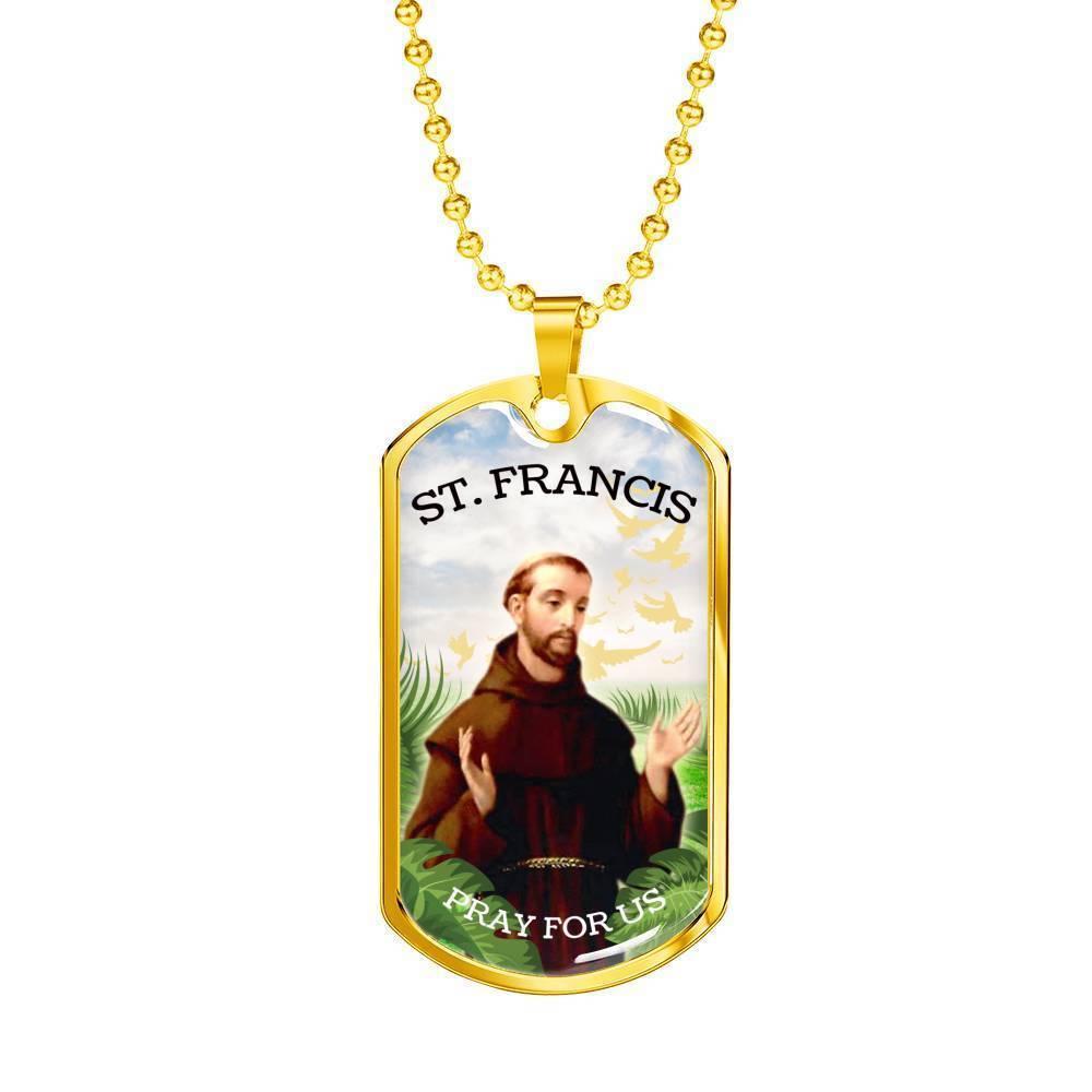 St. Francis Catholic Necklace Stainless Steel or 18k Gold Dog Tag 24" Chain-Express Your Love Gifts