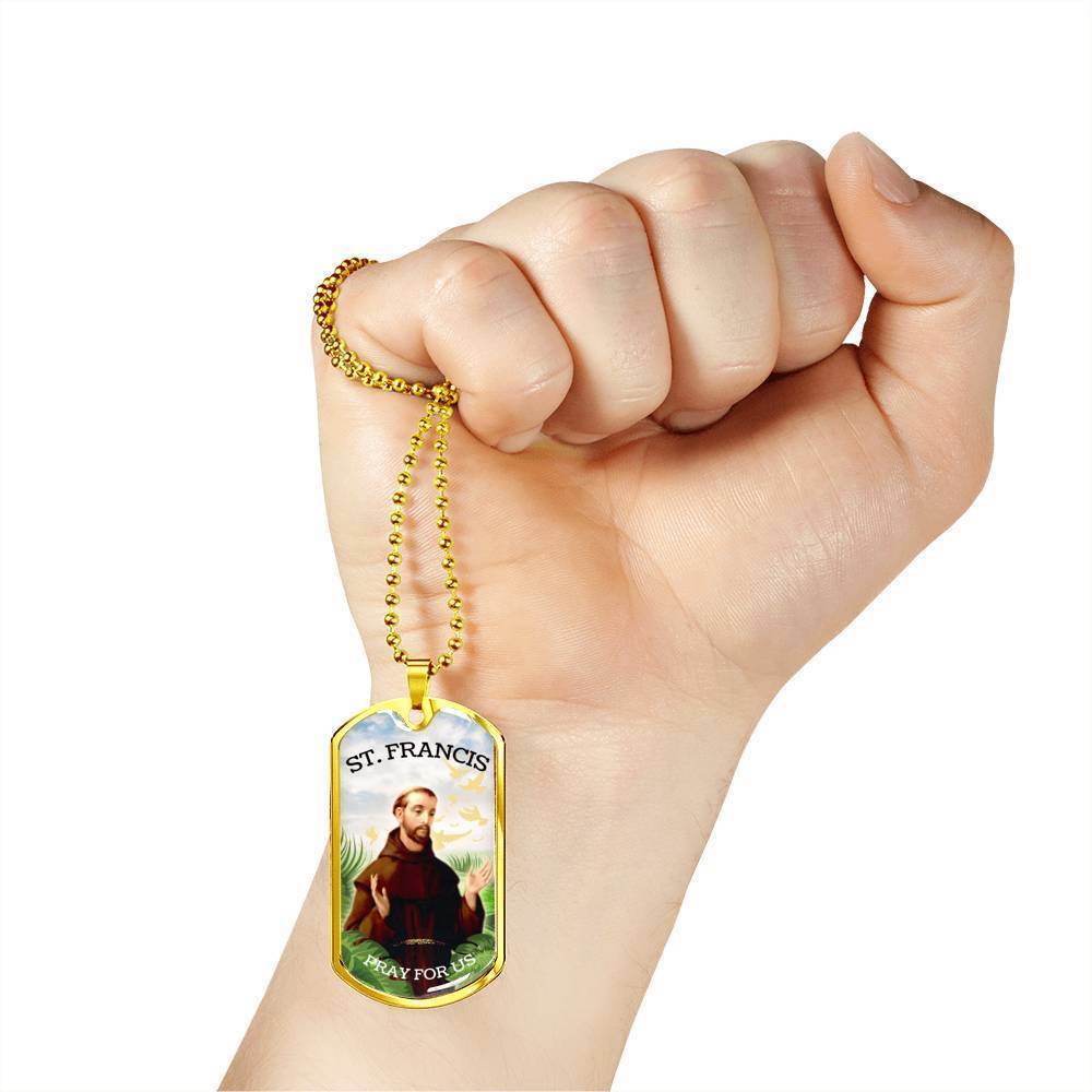 St. Francis Catholic Necklace Stainless Steel or 18k Gold Dog Tag 24" Chain-Express Your Love Gifts