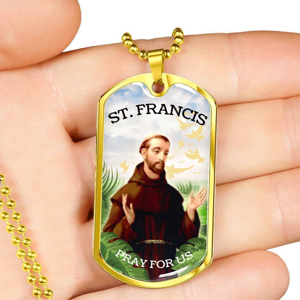 St. Francis Catholic Necklace Stainless Steel or 18k Gold Dog Tag 24" Chain-Express Your Love Gifts