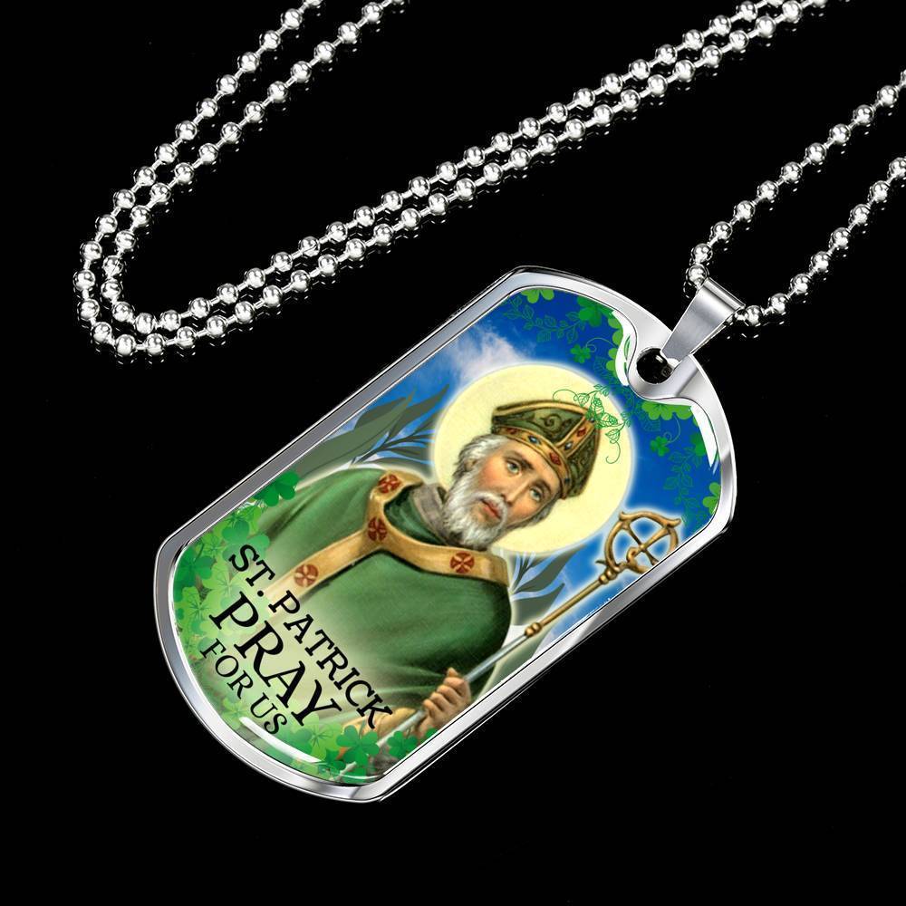St. Patrick Catholic Necklace Stainless Steel or 18k Gold Dog Tag 24" Chain-Express Your Love Gifts