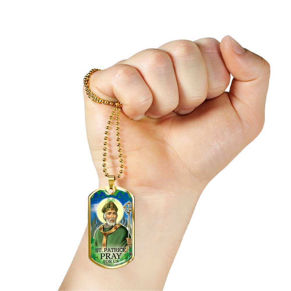St. Patrick Catholic Necklace Stainless Steel or 18k Gold Dog Tag 24" Chain-Express Your Love Gifts