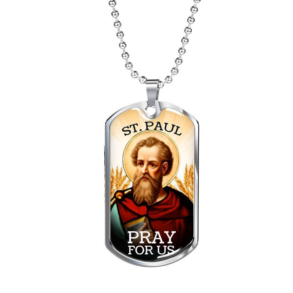 St. Paul Catholic Necklace Stainless Steel or 18k Gold Dog Tag 24" Chain-Express Your Love Gifts