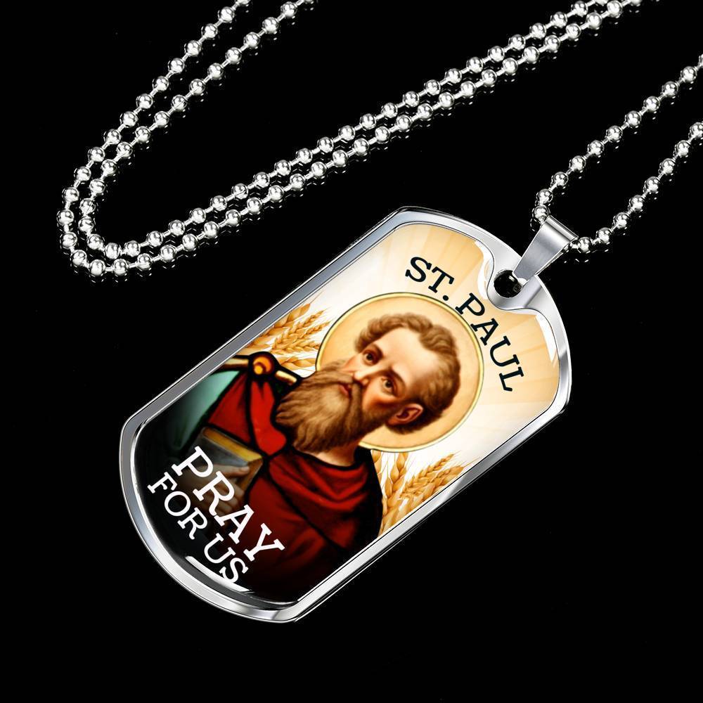 St. Paul Catholic Necklace Stainless Steel or 18k Gold Dog Tag 24" Chain-Express Your Love Gifts