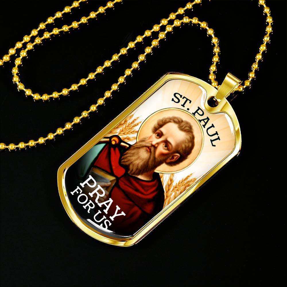 St. Paul Catholic Necklace Stainless Steel or 18k Gold Dog Tag 24" Chain-Express Your Love Gifts