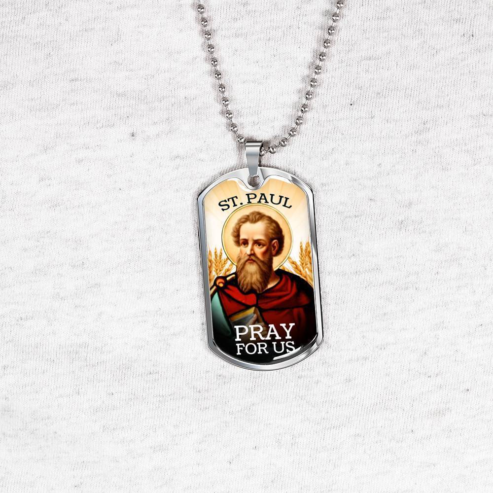 St. Paul Catholic Necklace Stainless Steel or 18k Gold Dog Tag 24" Chain-Express Your Love Gifts