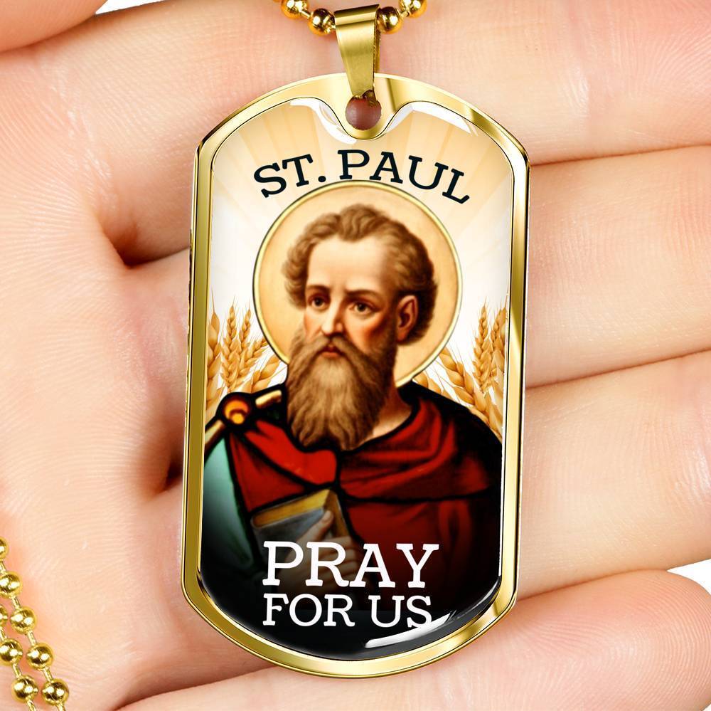 St. Paul Catholic Necklace Stainless Steel or 18k Gold Dog Tag 24" Chain-Express Your Love Gifts