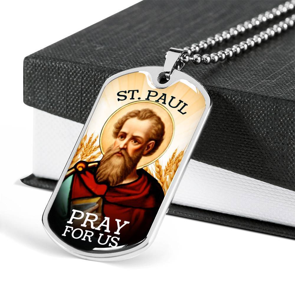 St. Paul Catholic Necklace Stainless Steel or 18k Gold Dog Tag 24" Chain-Express Your Love Gifts