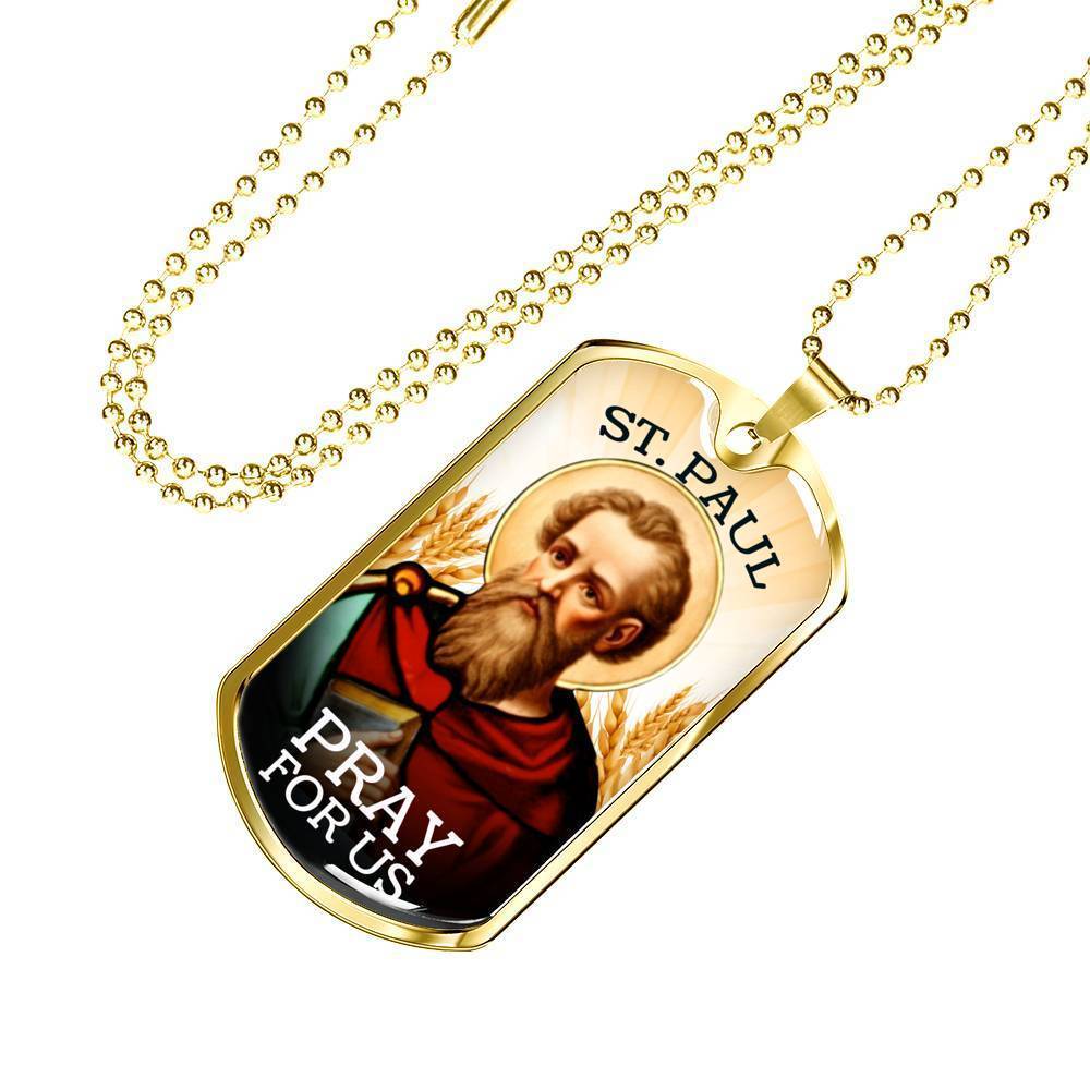 St. Paul Catholic Necklace Stainless Steel or 18k Gold Dog Tag 24" Chain-Express Your Love Gifts