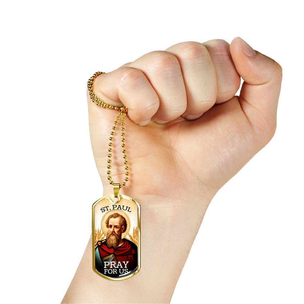 St. Paul Catholic Necklace Stainless Steel or 18k Gold Dog Tag 24" Chain-Express Your Love Gifts