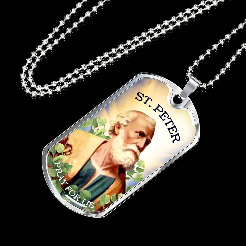 St. Peter Catholic Necklace Stainless Steel or 18k Gold Dog Tag 24" Chain-Express Your Love Gifts