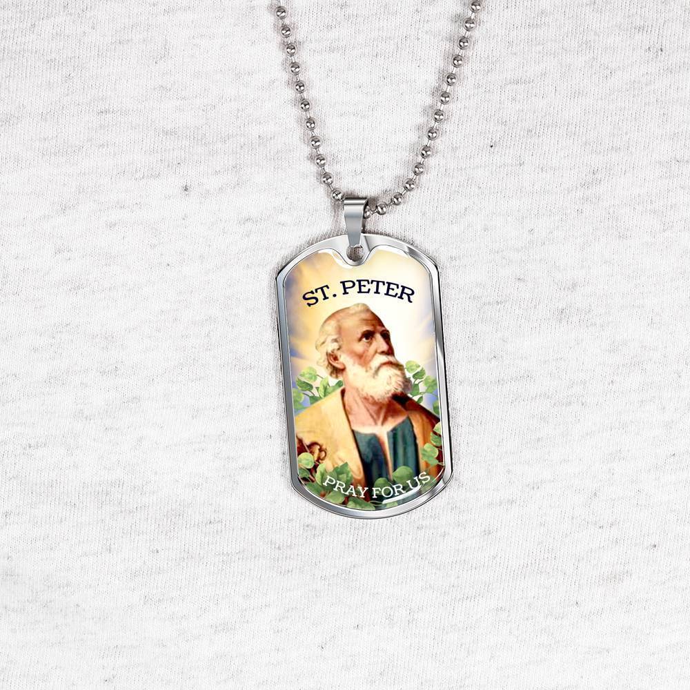 St. Peter Catholic Necklace Stainless Steel or 18k Gold Dog Tag 24" Chain-Express Your Love Gifts
