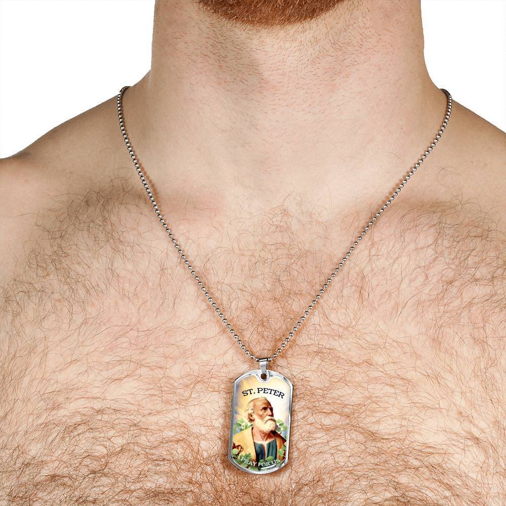 St. Peter Catholic Necklace Stainless Steel or 18k Gold Dog Tag 24" Chain-Express Your Love Gifts