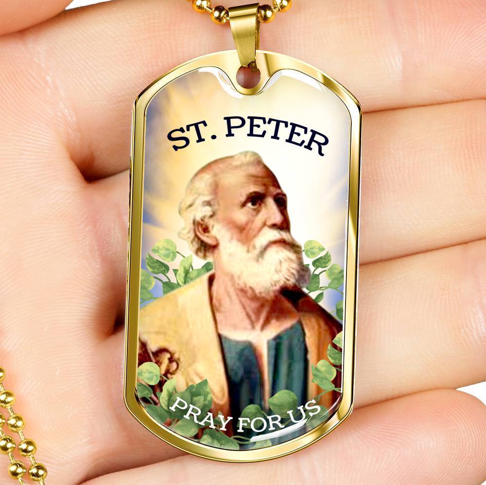 St. Peter Catholic Necklace Stainless Steel or 18k Gold Dog Tag 24" Chain-Express Your Love Gifts