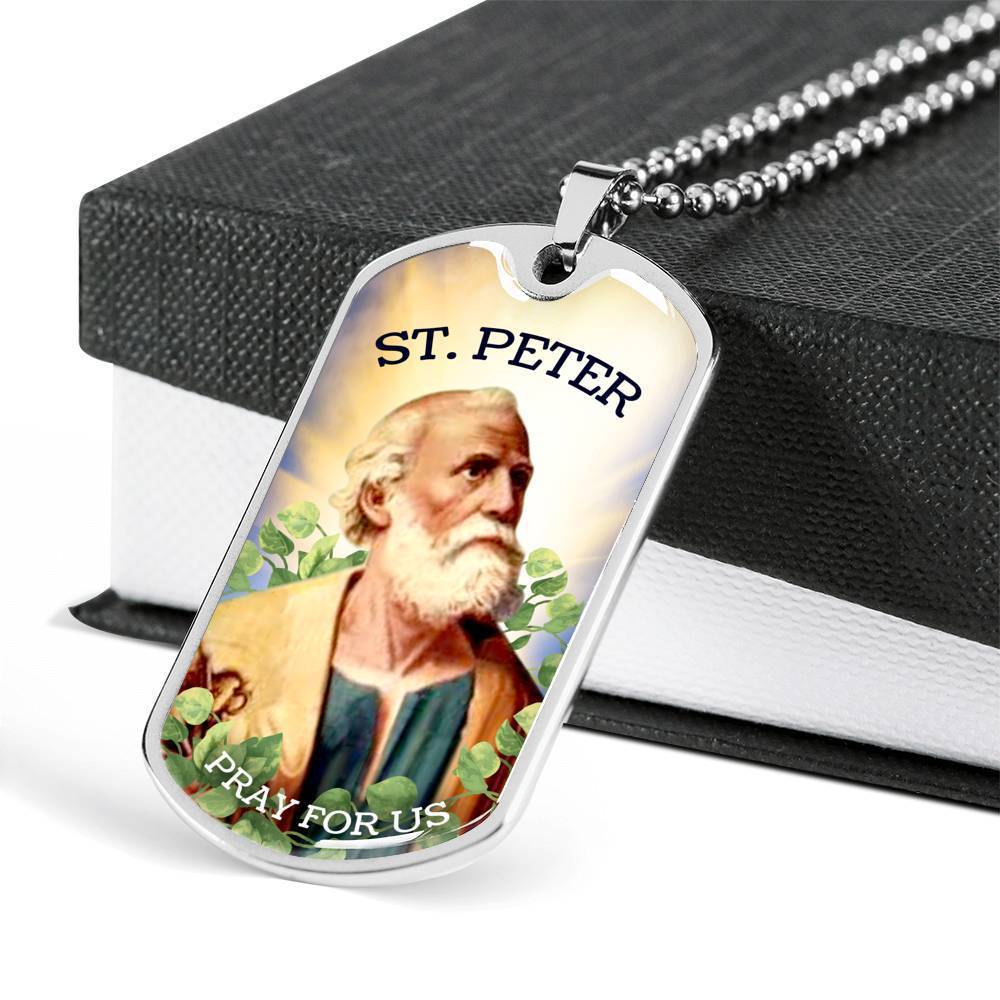 St. Peter Catholic Necklace Stainless Steel or 18k Gold Dog Tag 24" Chain-Express Your Love Gifts