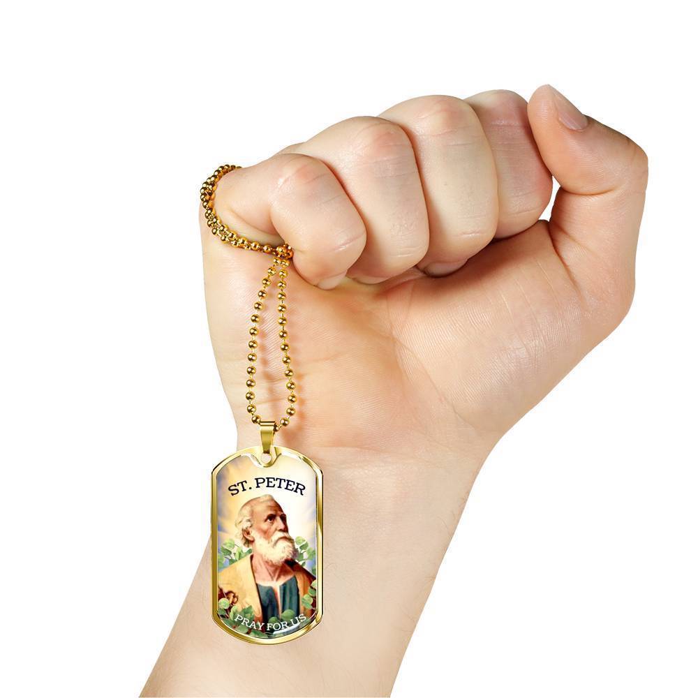 St. Peter Catholic Necklace Stainless Steel or 18k Gold Dog Tag 24" Chain-Express Your Love Gifts