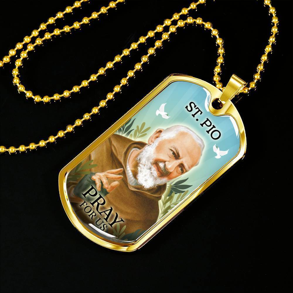 St. Pio Catholic Necklace Stainless Steel or 18k Gold Dog Tag 24" Chain-Express Your Love Gifts